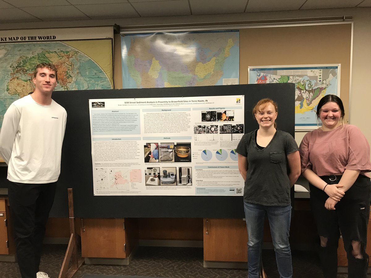 DePauwRockDoc's tweet photo. Hey @DePauw students!
This fall, 18 students in Env. Geology completed a research project aimed at investigating pollution found in street sediments from Terre Haute, IN. Groups analyzed their samples with either SEM or p-XRF. Check out their exciting work in JSC 226 this week! https://t.co/1Q4ULpLLEM