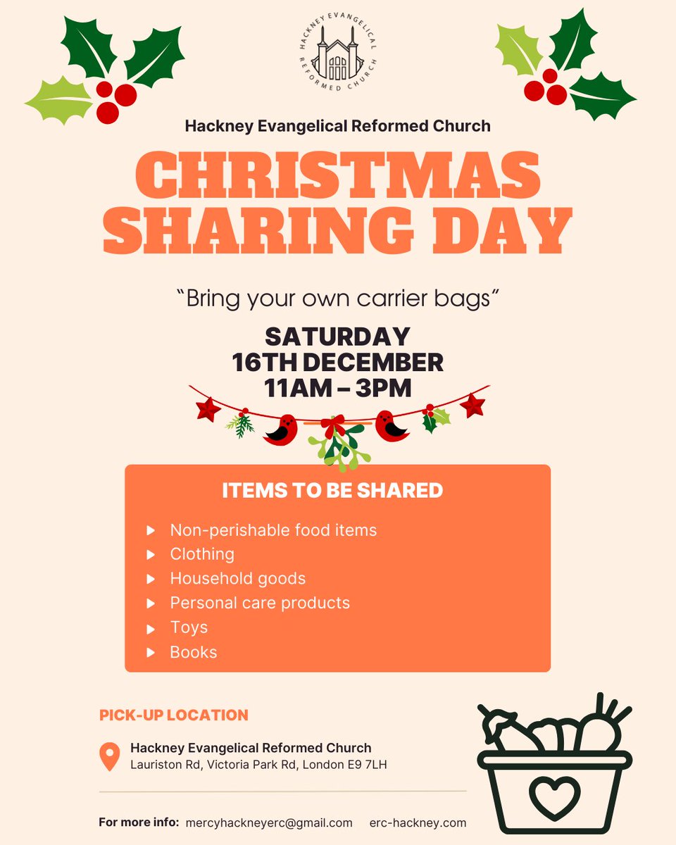 This Saturday, we have partnered with local charities for our Christmas sharing day. <a href="/HackneyWNS/">HackneyNightShelter</a> <a href="/HackneyMigrants/">Hackney Migrant Centre</a> <a href="/HackneyFoodbank/">@HackneyFoodbank</a>  We want to reach as many people who would benefit from this endeavour, please RT  #hacknefoodbank #Christmas