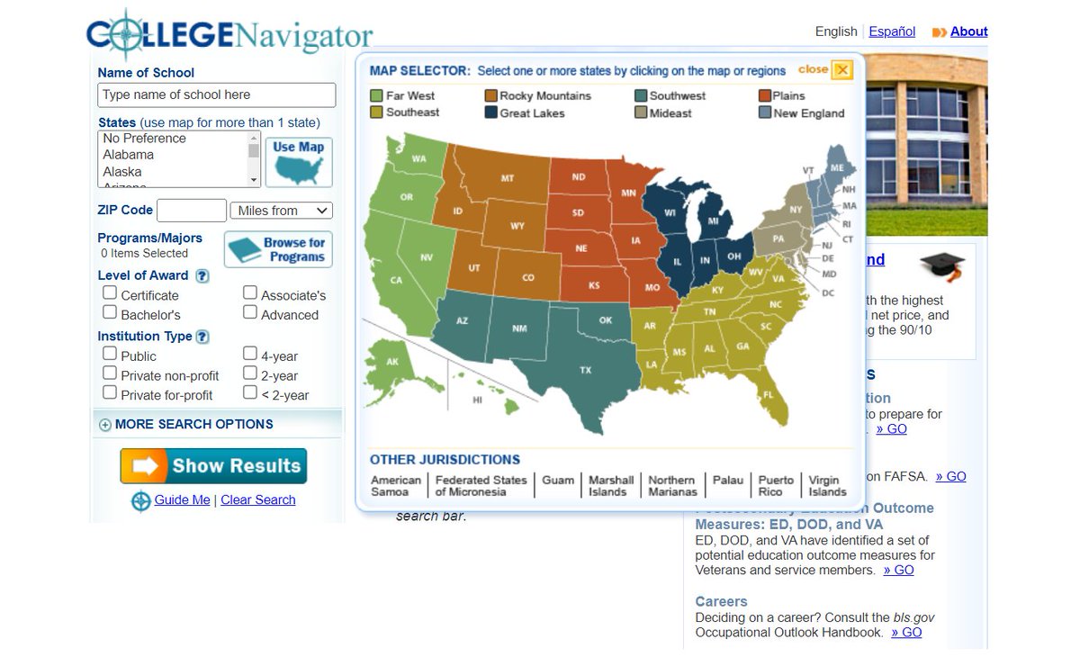 Use College Navigator to search #postsec institutions by state, institution type, # of enrolled undergrads, % of applicants admitted, and more: nces.ed.gov/collegenavigat…