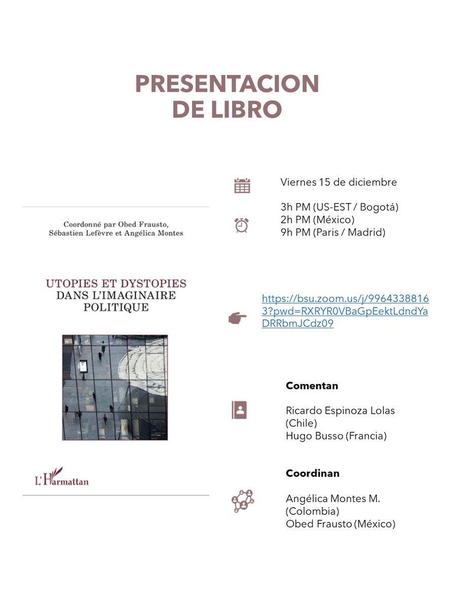 Todxs Invitadxs para este viernes 15 de diciembre para presentar este intenso libro por la editorial <a href="/HarmattanParis/">Éditions L'Harmattan</a> q han editado <a href="/montes_angmon11/">Angélica Montes M. / cuenta personal</a> y <a href="/ObedFrausto/">Obed Frausto Gatica</a>... lxs espero... <a href="/_filco/">FILOSOFÍA&CO</a> @ <a href="/filoateneubcn/">Filosofia - Ateneu Barcelonès</a>