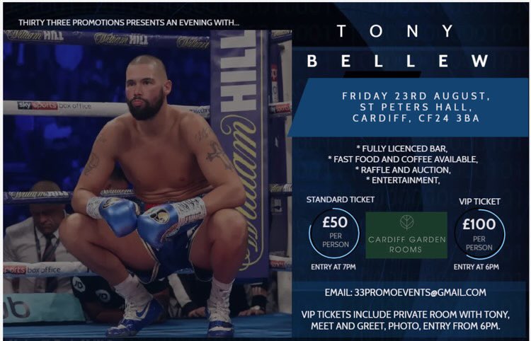 cdfgardenrooms's tweet image. Pleased to be the sponsor of this @TonyBellew event by @33promoevents in Cardiff next August.
Individual tickets and tables of 10 are available from only £50pp, email 33promoevents@gmail.com for more info or find out more here👇

eventbrite.com/e/an-evening-w…