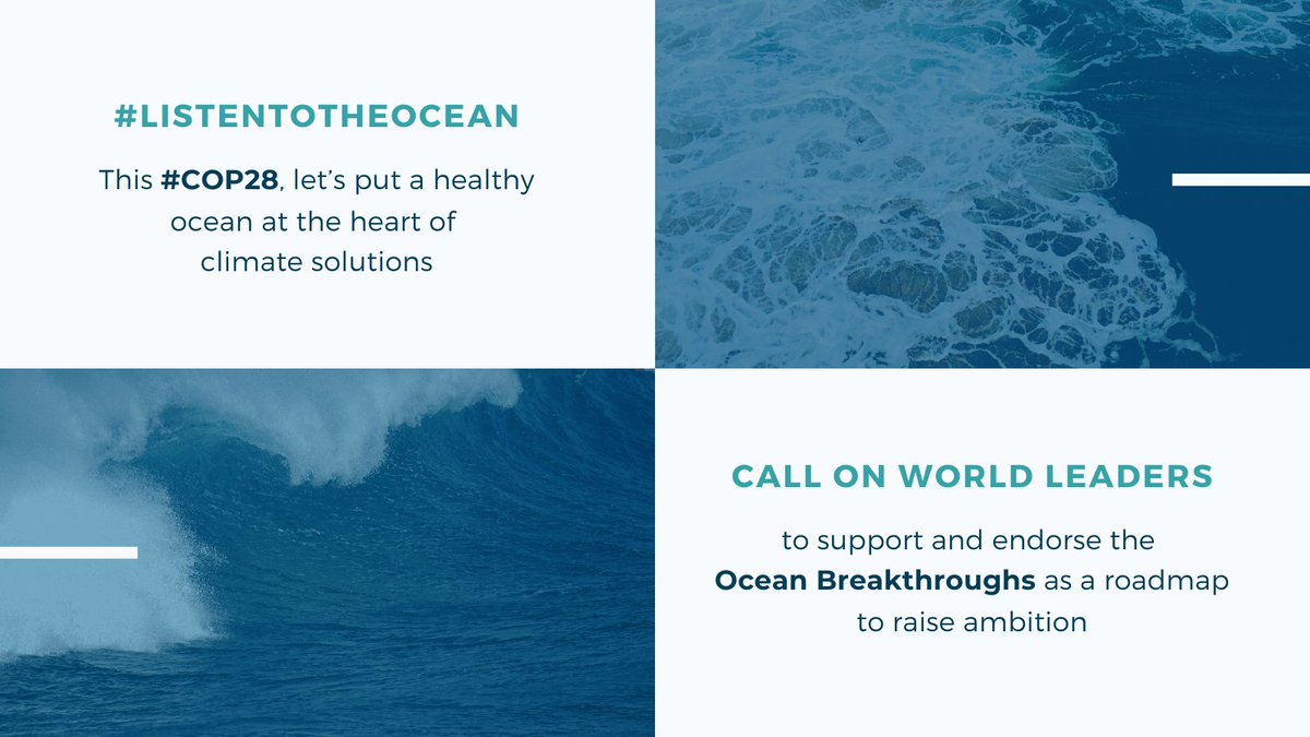 The #OceanBreakthroughs is a roadmap to drive more ambitious public policies in:
🪸 Marine conservation
⛴️ Shipping
⛈️ Ocean renewable energy
🦐 Aquatic food
🤿 Coastal tourism
The ocean community calls for accelerated action &amp; 💵 in these ocean 🌊sectors #COP28 #ClimateAction