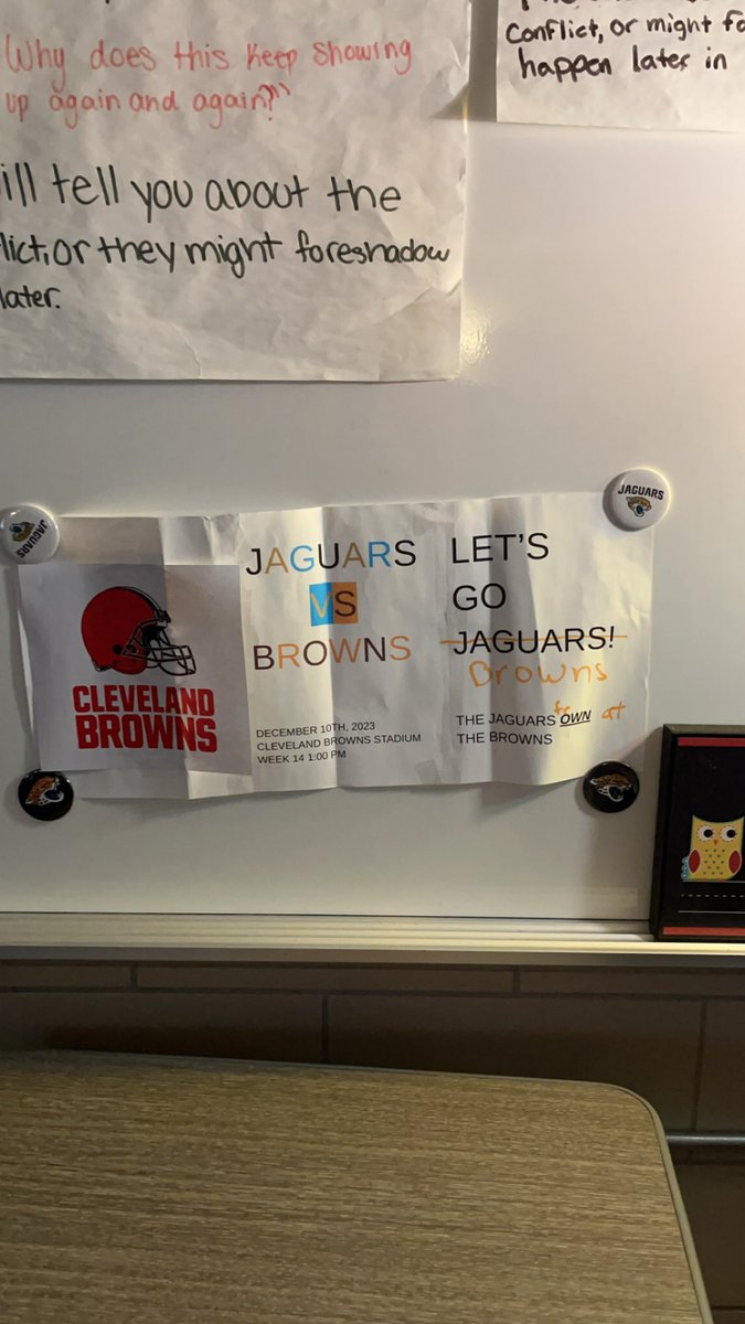 Garrett is a diehard Jags fan. That’s why when he showed up in my room on Friday with his diy Jags vs Browns poster, we made a deal: whoever loses has to wear the other team’s hat on Victory Monday! I offered him an out but he put the hat on with pride - he’s such a good sport!!