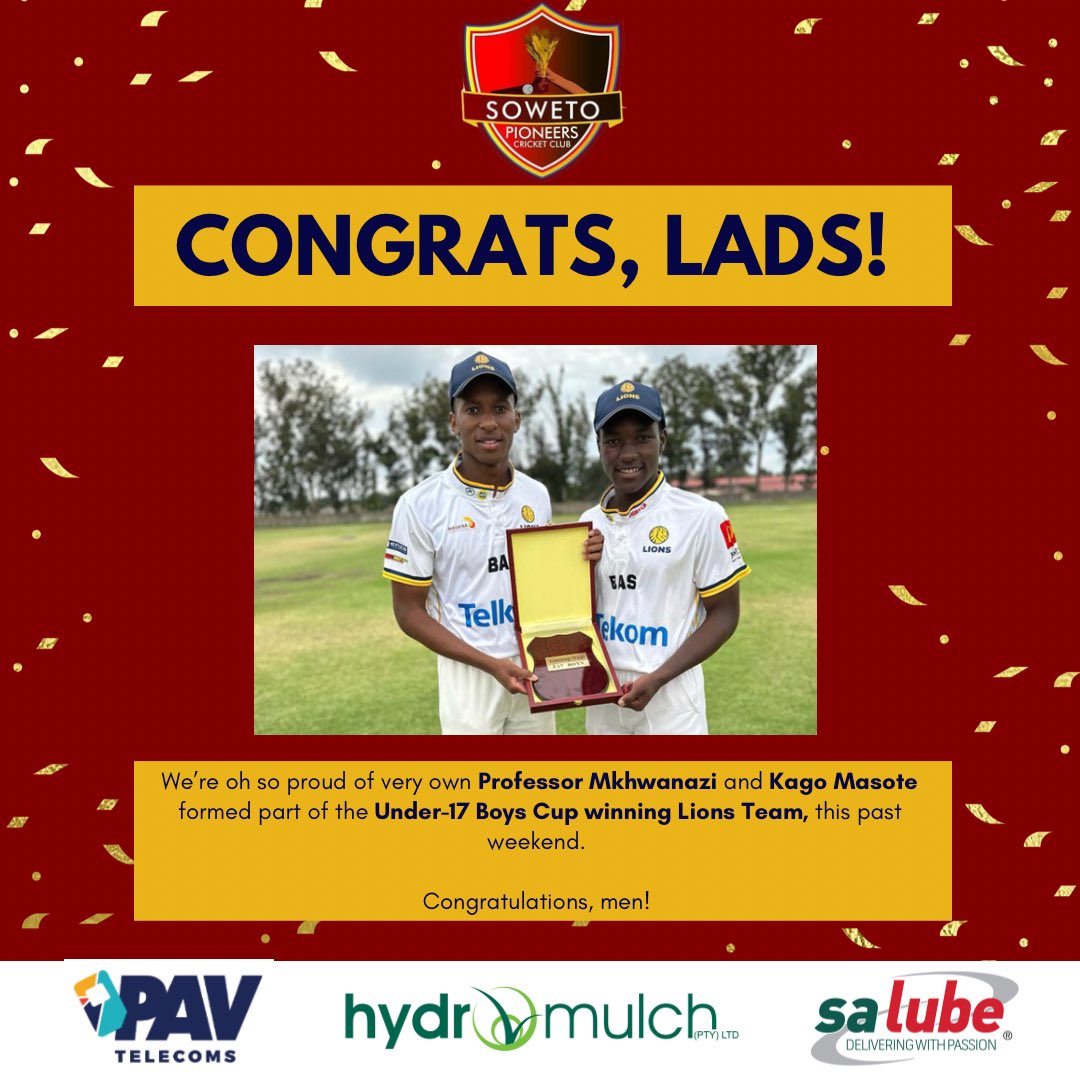 🏆   🏆  🏆

In more, exciting news our very own Kago and Professor, along with the @LionsCricketSA Under-17 Team, brought home all the marbles from Under-17 Boys Cup Tournament this past weekend!

Well done, lads! 🥇🤩