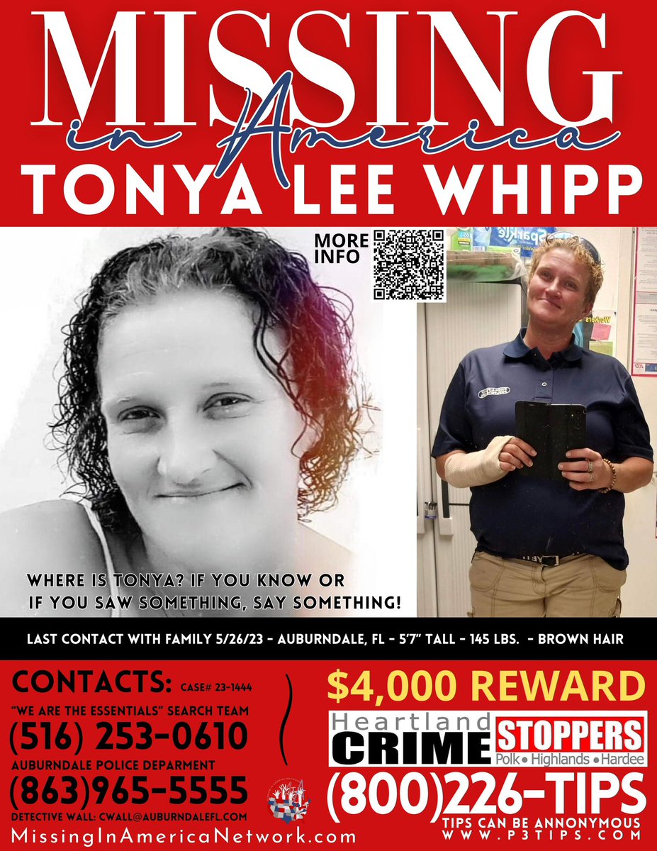 Tonya is still MISSING from Auburndale, FL since 5/26/23

Tonya’s family has not heard from her since 5/26/23 and this is concerning to everyone. What happened to Tonya? Someone knows, and her family is pleading for all tips and information be called in to bring her home.