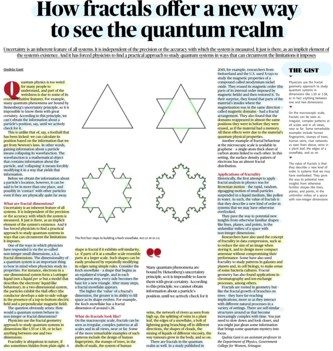'How Fractals offer a new way to see the Quantum realm'

:Well explained by Ms Qudsia Gani

#QuantumRealm #Quantum #QuantumSystem #Fractal #Geometry 
#Uncertainty 
#FractalDimensions #MagneticDomains #BrownianMotion 
#Physics
#technology 

#UPSC 

Source: TH