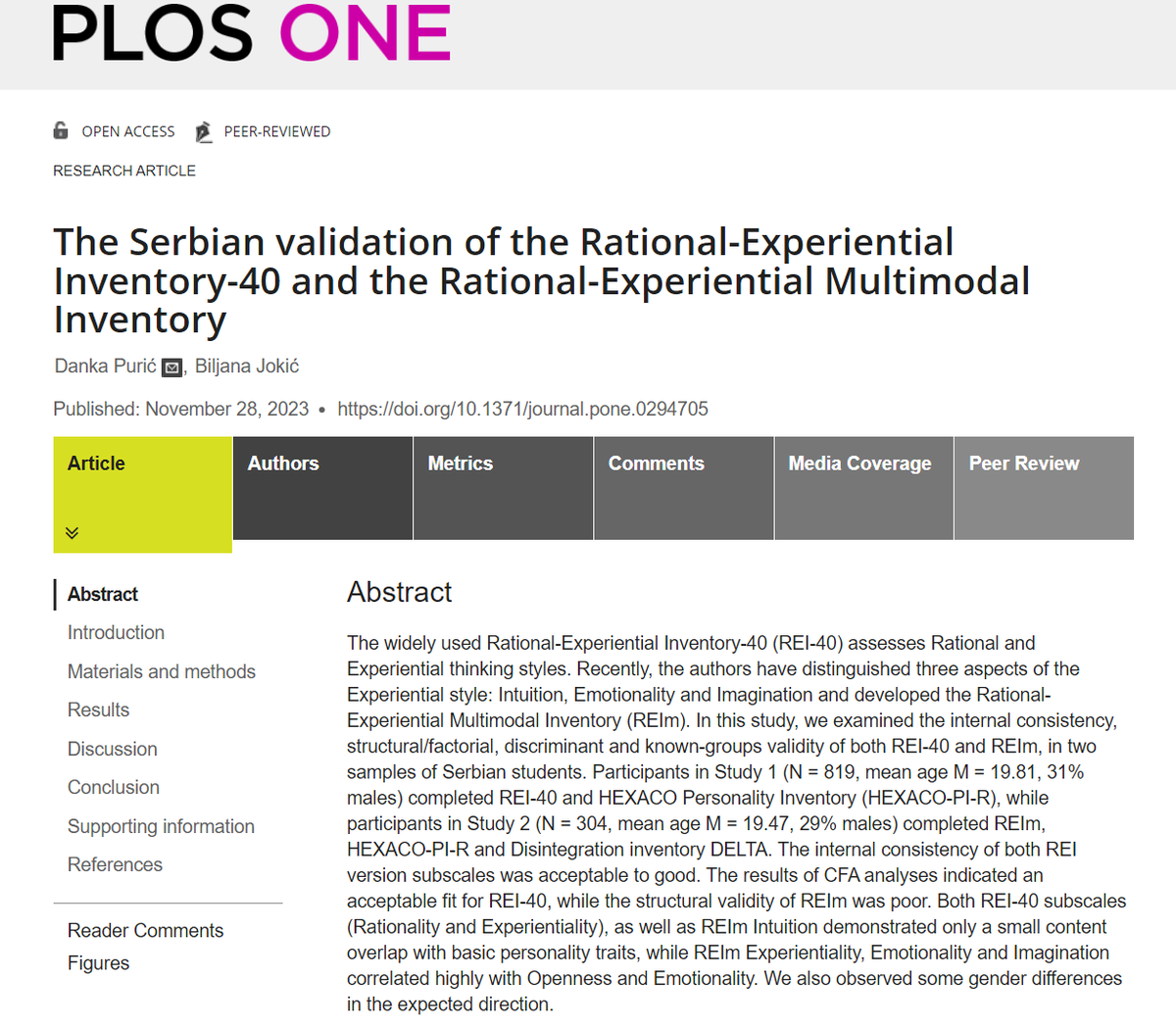 LiraLab_Bgd's tweet photo. 🚨NEW PAPER🚨 Which instrument is better – the original Rational-Experiential Inventory-40 or the modified, Rational-Experiential Multimodal Inventory?
by LIRA members Danka Purić & Biljana Jokić in @PLOS ONE
🔗https://t.co/8YVPEqX5CE https://t.co/UwX3H8EpVI