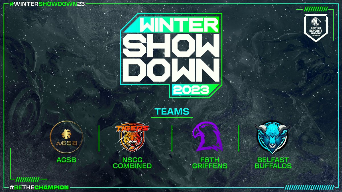 Four teams. Only one winner.

Who will take home the #WinterShowdown23 crown? 👑

🗓 13th December
📺 twitch.tv/britishesports 

#StudentChamps | #BeTheChampion