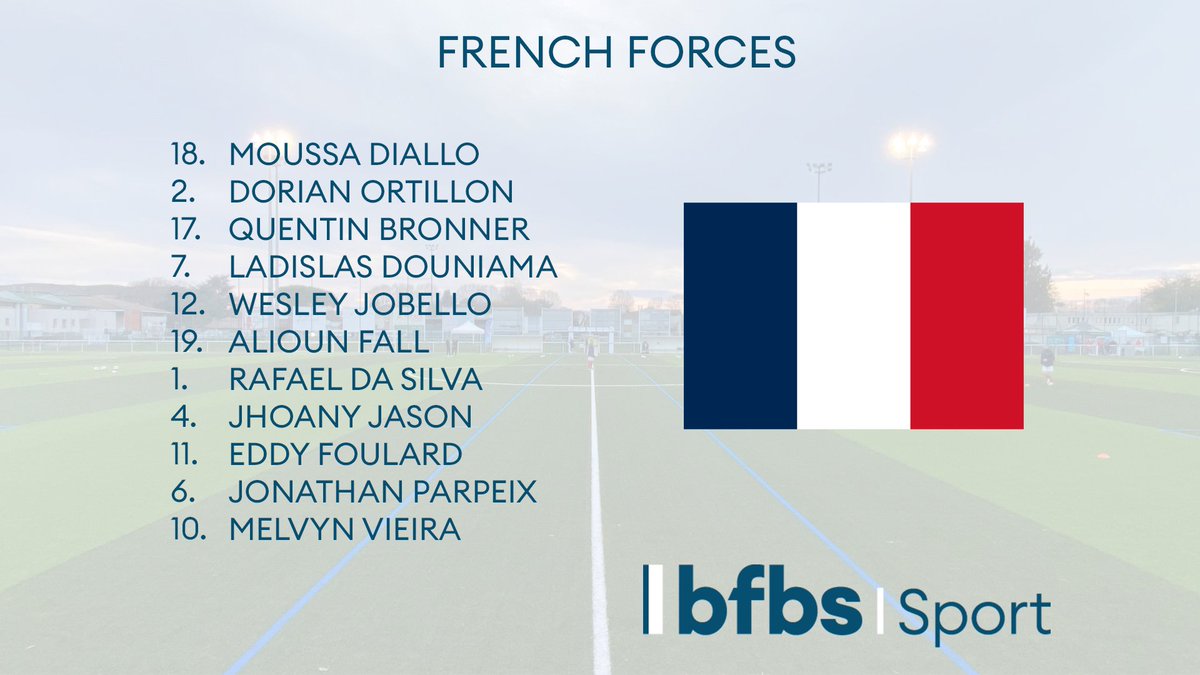 BFBSSport's tweet photo. TEAM NEWS 🇫🇷 🇬🇧

The big news is one of the brightest young stars in @Armyfa1888 football STARTS for @UKArmedForcesFA! 🔴

A big night for @RLC_FA's Owen James against the reigning champions. 👀

Join us from 4:45pm GMT on the @ForcesNews YouTube channel ⚽️📺 https://t.co/HQbxj4LiHm