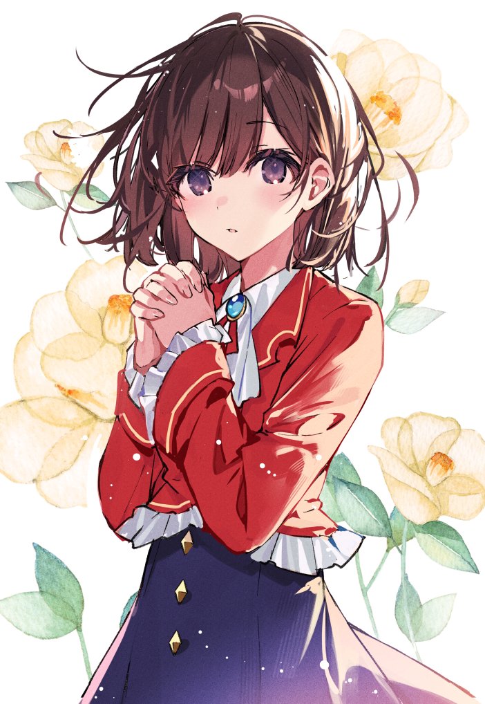 1girl solo brown hair own hands together skirt flower looking at viewer  illustration images