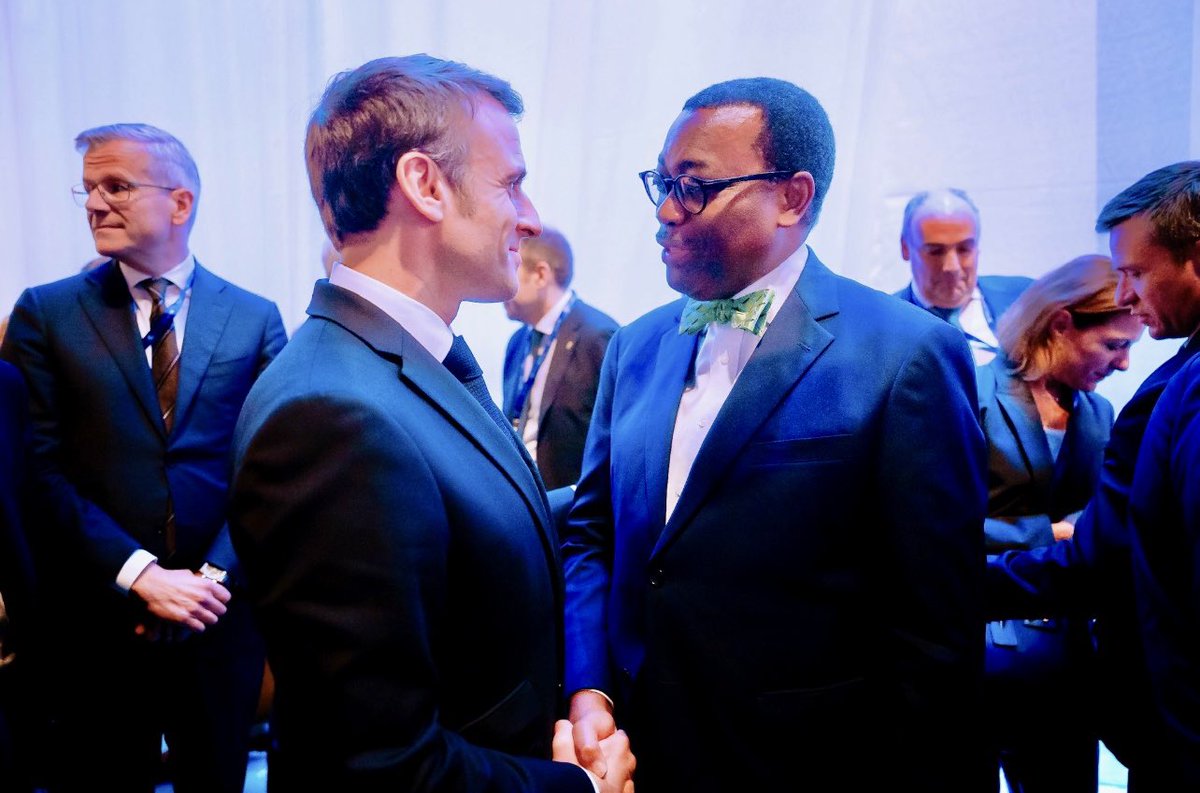 Amazing partnership between President @EmmanuelMacron & President @akin_adesina at #COP28UAE  in Dubai. We appreciate France’s financial support to Alliance for Green Infrastructure in Africa and continued & vital leadership push for the re-channeling of SDRs to @AfDB_Group.