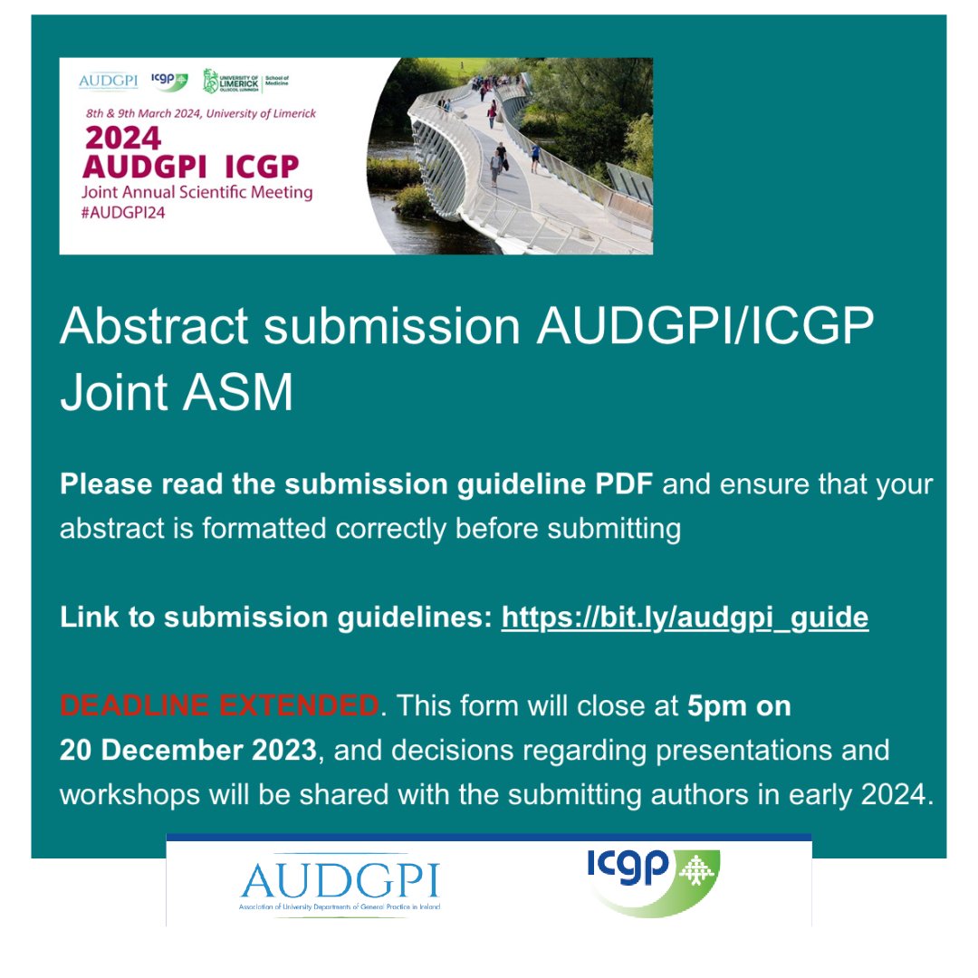 Irish College of GPs (@icgpnews) on Twitter photo The @AUDGPI <a href="/ICGPnews/">Irish College of GPs</a> Annual Scientific Meeting takes place on 8th & 9th March 2024 in@UL.
Abstract Submission now open here: forms.office.com/e/PE1ACB8ZD7
Submission DEADLINE extended to 5pm December 20th! The @AUDGPI <a href="/ICGPnews/">Irish College of GPs</a> Annual Scientific Meeting takes place on 8th & 9th March 2024 in@UL.
Abstract Submission now open here: forms.office.com/e/PE1ACB8ZD7
Submission DEADLINE extended to 5pm December 20th!