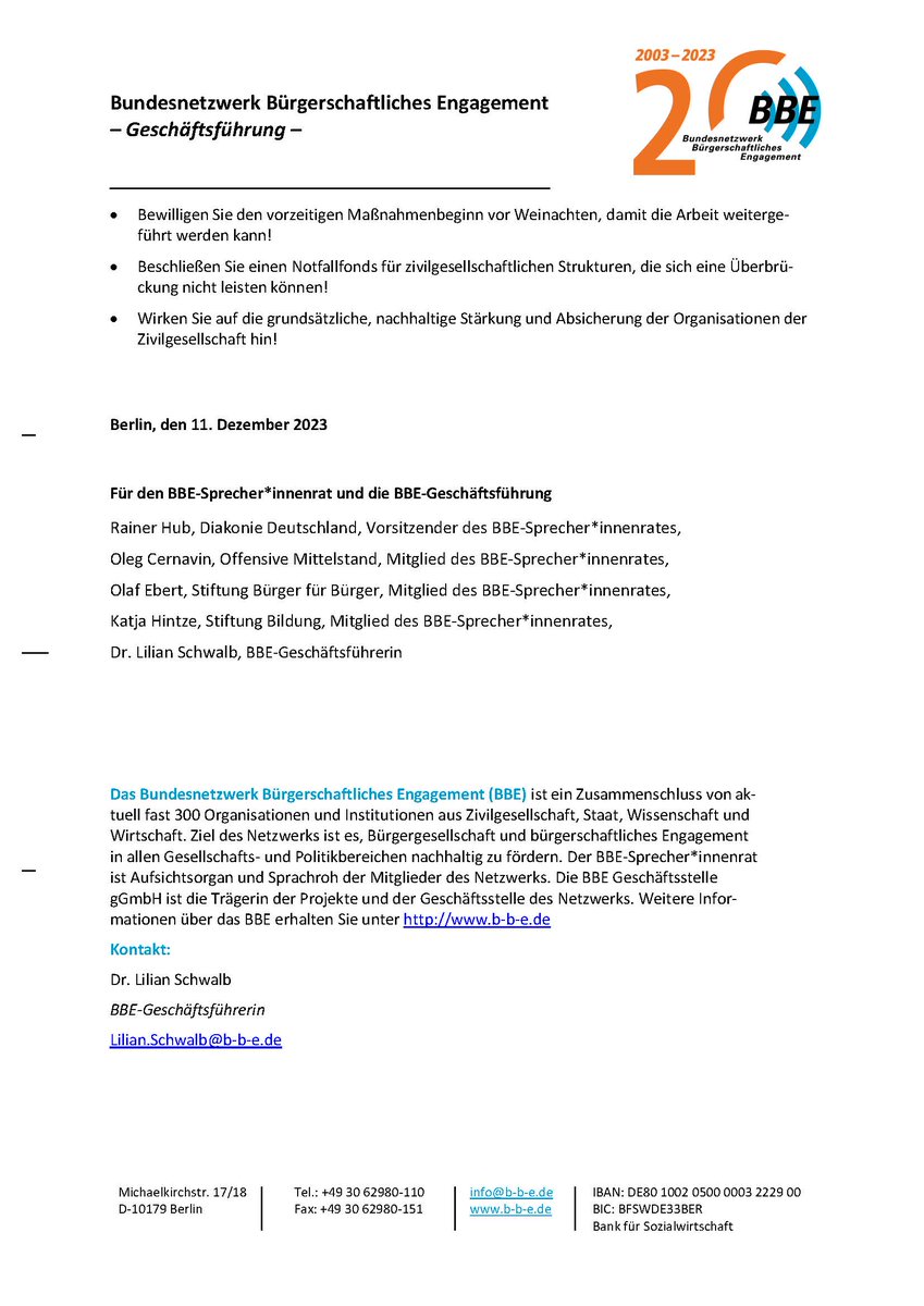 Das BBE appelliert an die Bundesregierung, den Haushalt 2024 noch vor Weihnachten zu beschließen, um Planungssicherheit für unzählige zivilgesellschaftl. Akteure zu schaffen. „Wir schließen uns dieser Forderung als überparteiliche EUD ausdrücklich an“, so GS <a href="/ChristianMoos/">Christian Moos</a>. (1/3)