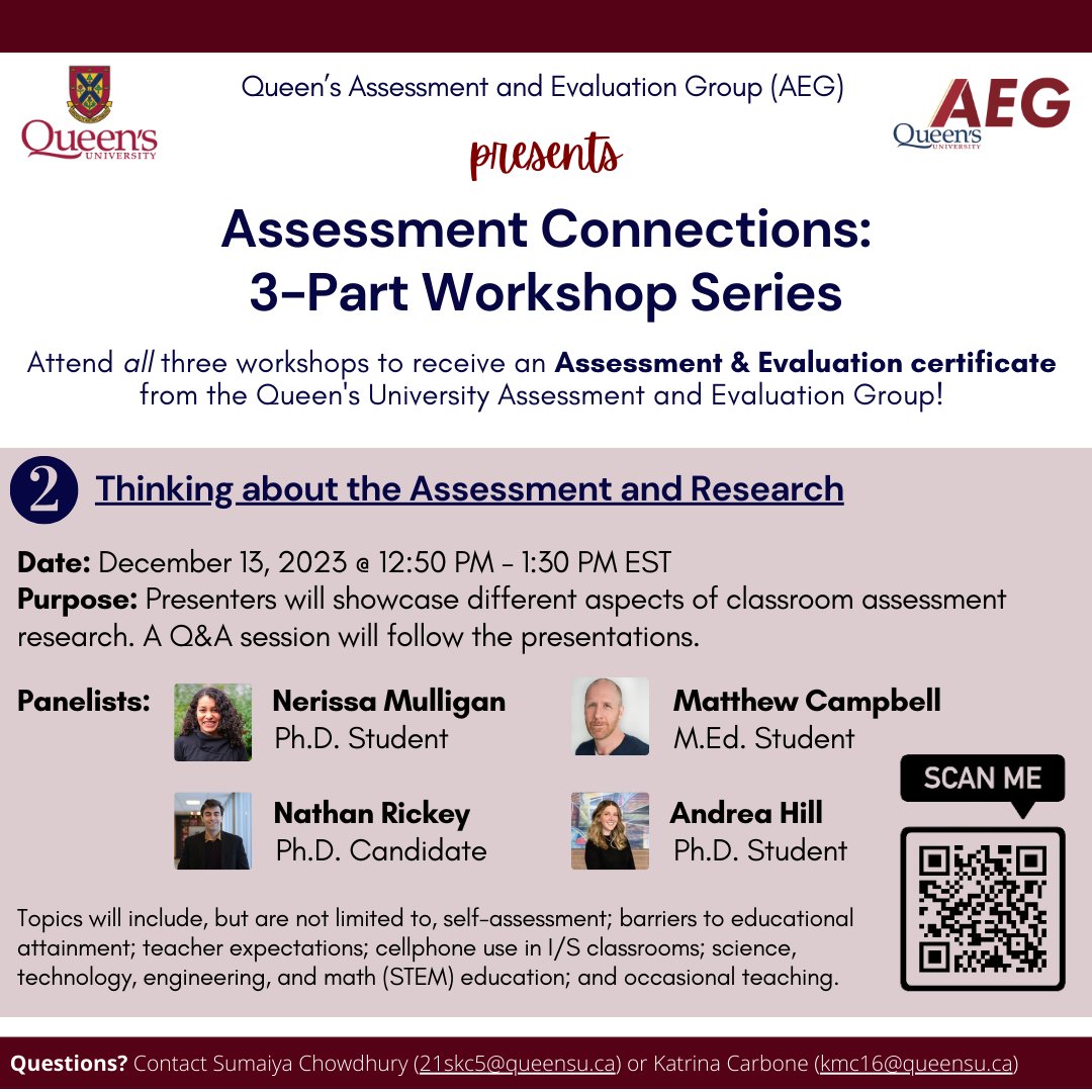 AEGQueens (@aegqueens) on Twitter photo Assessment Connections Part 2 is on Dec 13! We're excited to have grad students, Nerissa Mulligan, <a href="/Matt_ACCampbell/">Matthew Campbell</a>, <a href="/AndreaHillEDU/">Andrea Hill</a>, & <a href="/RickeyNathan/">Nathan Rickey</a>, join us to talk about aspects of classroom assessment in relation to their research. Register in advance: forms.office.com/r/hLEjaw9ijq Assessment Connections Part 2 is on Dec 13! We're excited to have grad students, Nerissa Mulligan, <a href="/Matt_ACCampbell/">Matthew Campbell</a>, <a href="/AndreaHillEDU/">Andrea Hill</a>, & <a href="/RickeyNathan/">Nathan Rickey</a>, join us to talk about aspects of classroom assessment in relation to their research. Register in advance: forms.office.com/r/hLEjaw9ijq