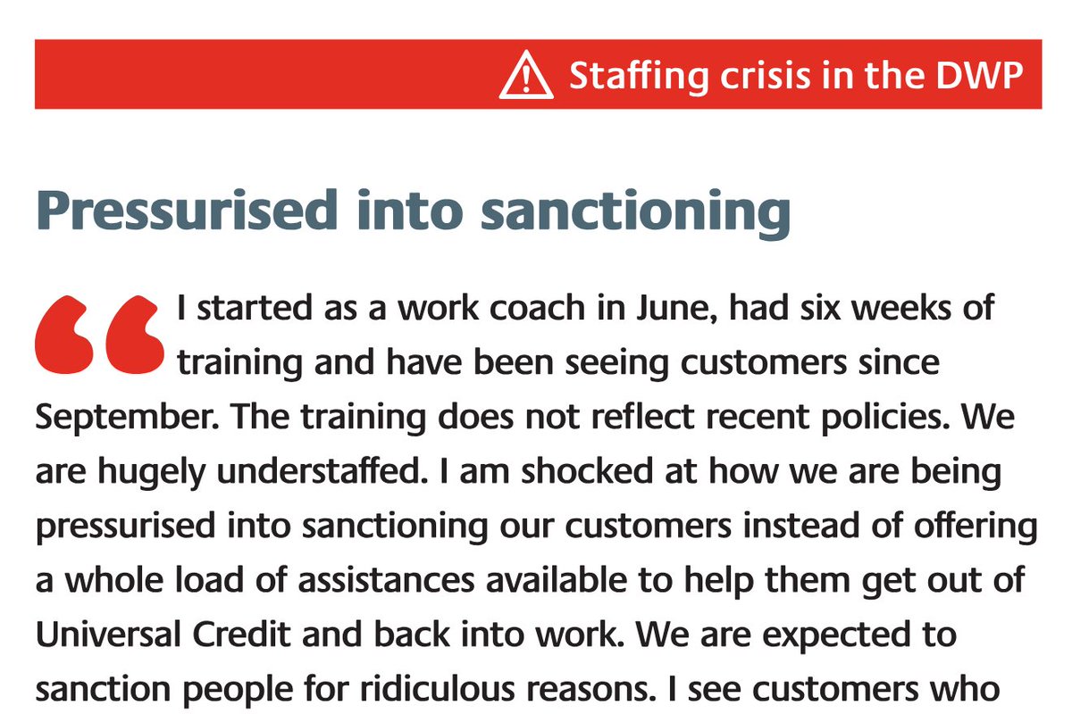 🚨SHOCKING DWP STAFF TESTIMONY

'I am shocked at how we are being pressurised into sanctioning our customers instead of offering a whole load of assistances available'

Full report into DWP working conditions: mypcs.my.salesforce.com/sfc/p/#1t00000…

With thanks to <a href="/PollardTom/">Tom Pollard</a> for highlighting!