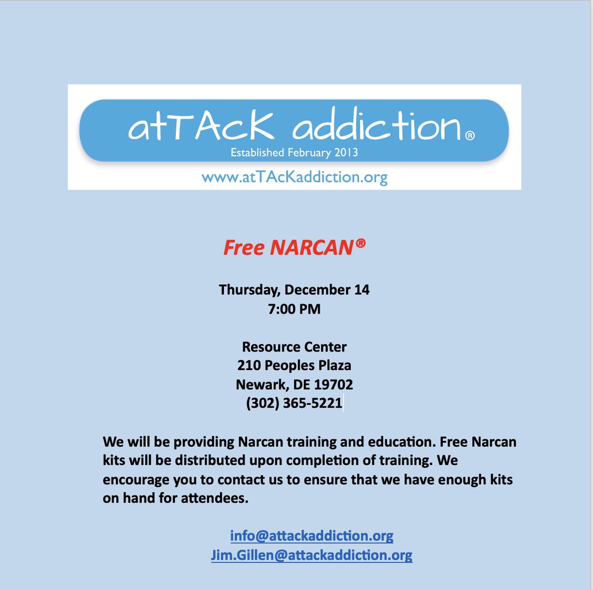 With the opening of the Resource Center, #atTAcKaddiction will be instituting various programs. We are holding our first weekly #Narcan training this Thursday at 7:00 PM. Please contact us if you plan to attend.