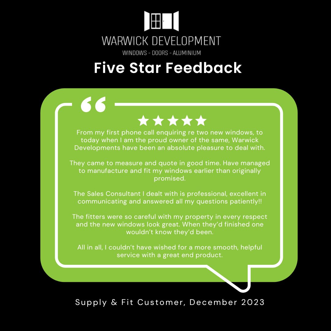 A great review from one of our recent supply and fit customers.😁

#WarwickDevelopment #FiveStar #CustomerReview #HappyCustomer #TeamWork #SupplyAndFit #NewWindows #Doors #Yorkshire #Derbyshire #UPVCWindows #Aluminium #Sheffield