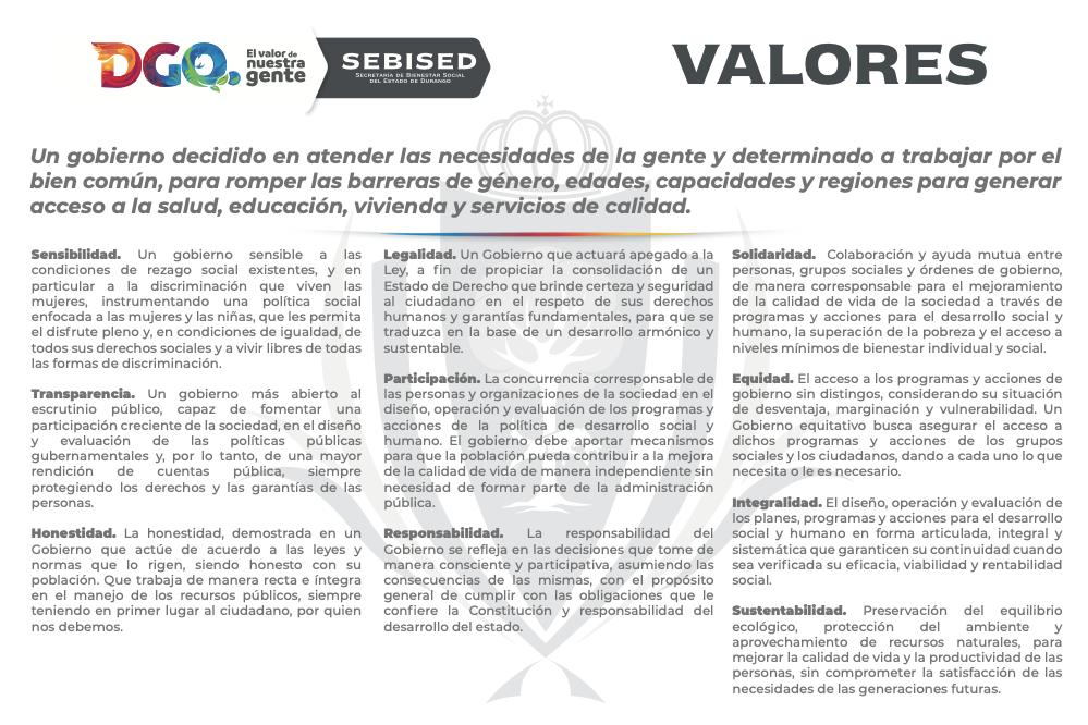 Somos un gobierno decidido en atender las necesidades de la gente. Te compartimos nuestra misión, nuestra visión y los valores que nos impulsan a trabajar todos los días por generar Bienestar Social para los durangueses. 

#ElValorDeNuestraGente