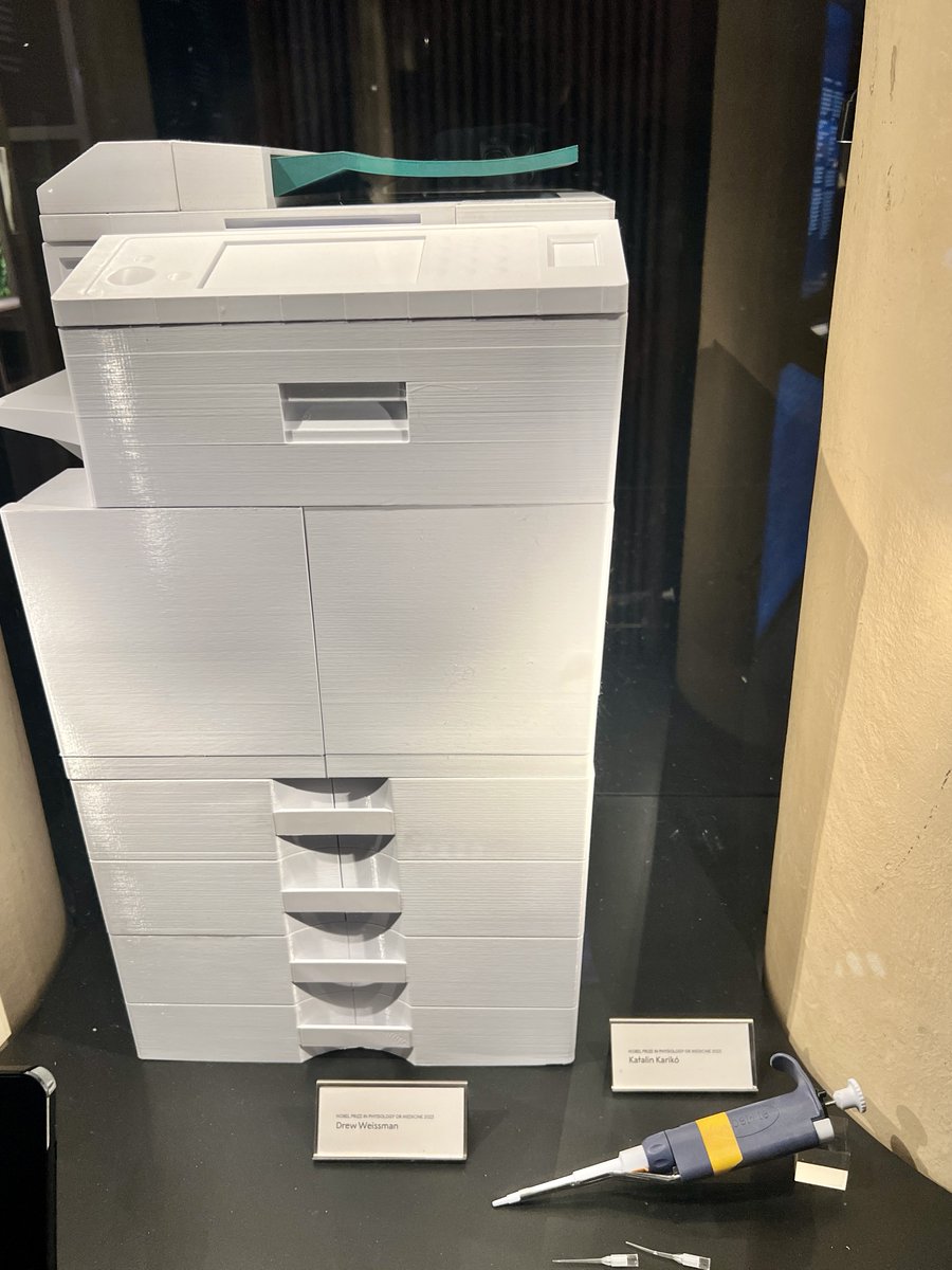 One of the cool aspects of receiving a <a href="/NobelPrize/">The Nobel Prize</a> is the tradition of donating an item to the <a href="/NobelMuseum/">Nobel Prize Museum</a>. Displayed here is a 3D-printed replica of the copy machine where <a href="/WeissmanLab/">The Drew Weissman Lab</a> and <a href="/kkariko/">Katalin Kariko</a> first met and began their collaboration. Also, the familiar micropipette!