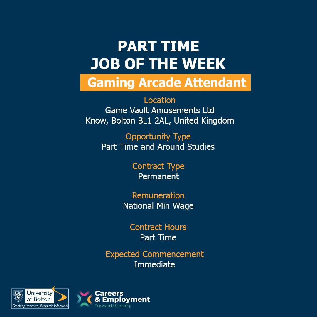 boltoncareers's tweet image. #ParttimeJoboftheWeek 
Gaming Arcade Attendant 
Permanent part time role 
To apply, click the link in our bio to access Studenthub!

#jobs #studentjobs #universityofbolton #parttimejobs