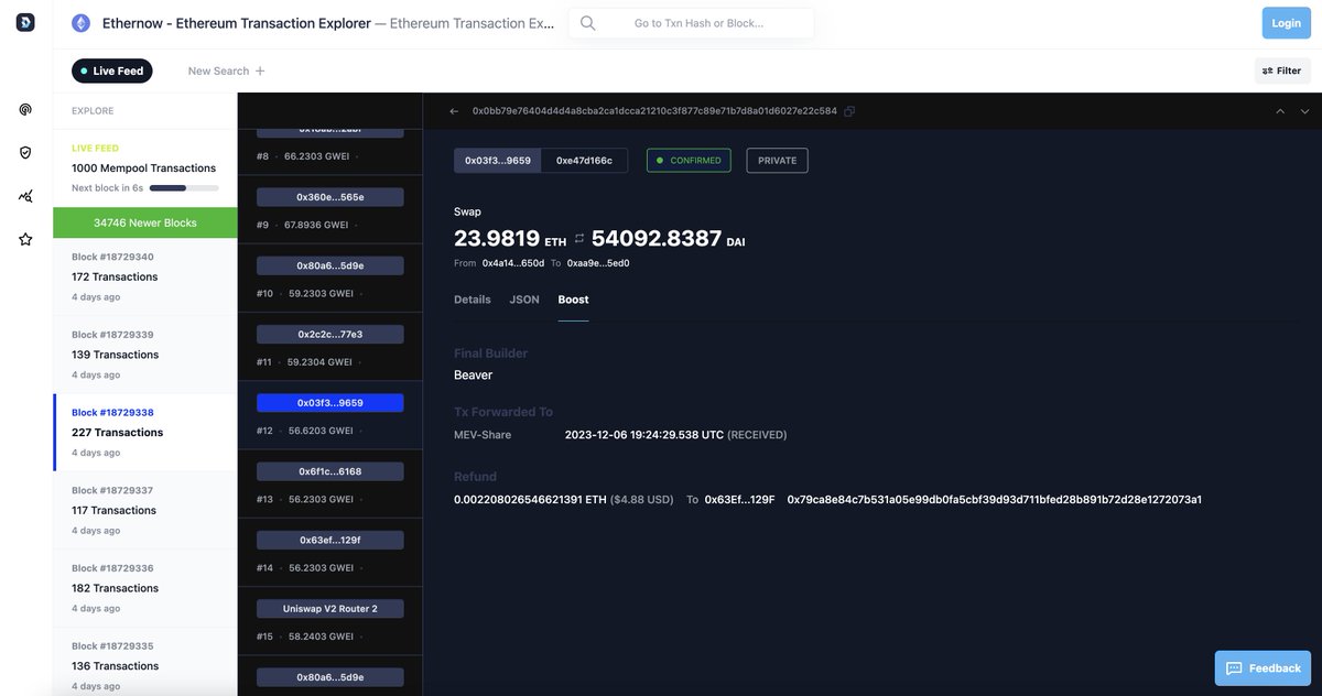 Sending private transactions via Transaction Boost? You can now view details directly at ethernow.xyz . You’ll see: 👷‍♀️Final Builder: The builder that landed a block on-chain with the transaction in it. 🌐Tx Forwarded To: All the OFAs and builders that the transaction…