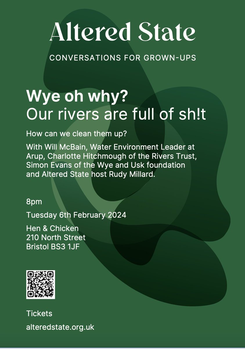 WYE OH WHY, OUR RIVERS ARE FULL OF SH!T
Our 2nd talk Feb 6 @HenAndChicken 

Early bird tickets are available from alteredstate.org.uk

#rivers #britainsrivers #riversofshit #wyeohwye #ofwat #watercompanies #factoryfarming #environmentagency #waterregulator #chickenfarming
