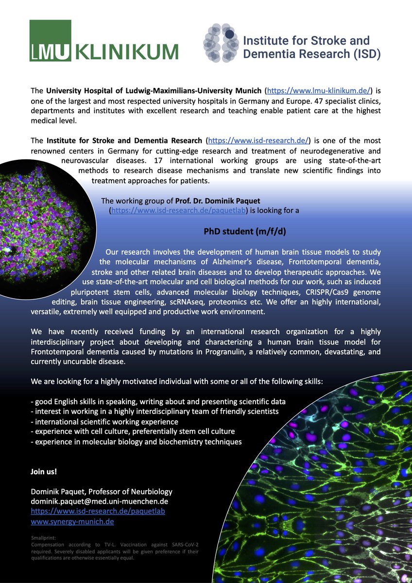 We have an open PhD position about generating a human #iPSC derived brain tissue model of Frontotemporal dementia #FTD with GRN mutations, fully funded by @alzassociation, in close collaboration with @Haass_Lab . Please apply via email and join us! Please RT - thanks!