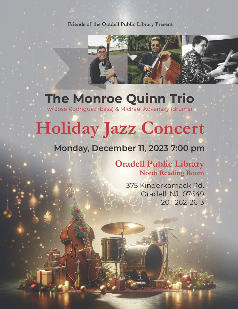 Tonight it's a FREE holiday jazz concert @ the Oradell Public Library w/ Michael Advensky & Jose Rodriguez. PLUS a special guest vocalist will be crooning a tune with us! Hope to see you there!
Peace, MQ 
#christmasmusic #livejazz #jazzguitar #oradellnj #oradellpubliclibrary