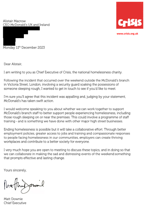 matthew_downie's tweet photo. I’ve written to the CEO of @McDonaldsUK about the incident outside one of their restaurants over the weekend.
We want to work with high street businesses to help ensure better support for those sleeping rough. Let’s make this a moment that prompts lasting change. https://t.co/Fpi1sSrKsG