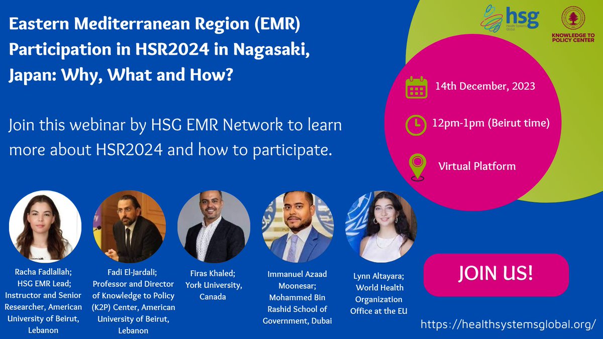 🌍 Exciting news for the Eastern Mediterranean Region! 🌐 Join our webinar on Dec 14, 12-1 pm (Beirut time) hosted by HSG EMR to delve into #HSR2024 🇯🇵✨ Join @Rasha_Fadlallah @feljardali @Ahmadfiraskhalid @DrAzad_Immanuel and Lynn Altayara; @WHO_Europe healthsystemsglobal.org/event/eastern-…