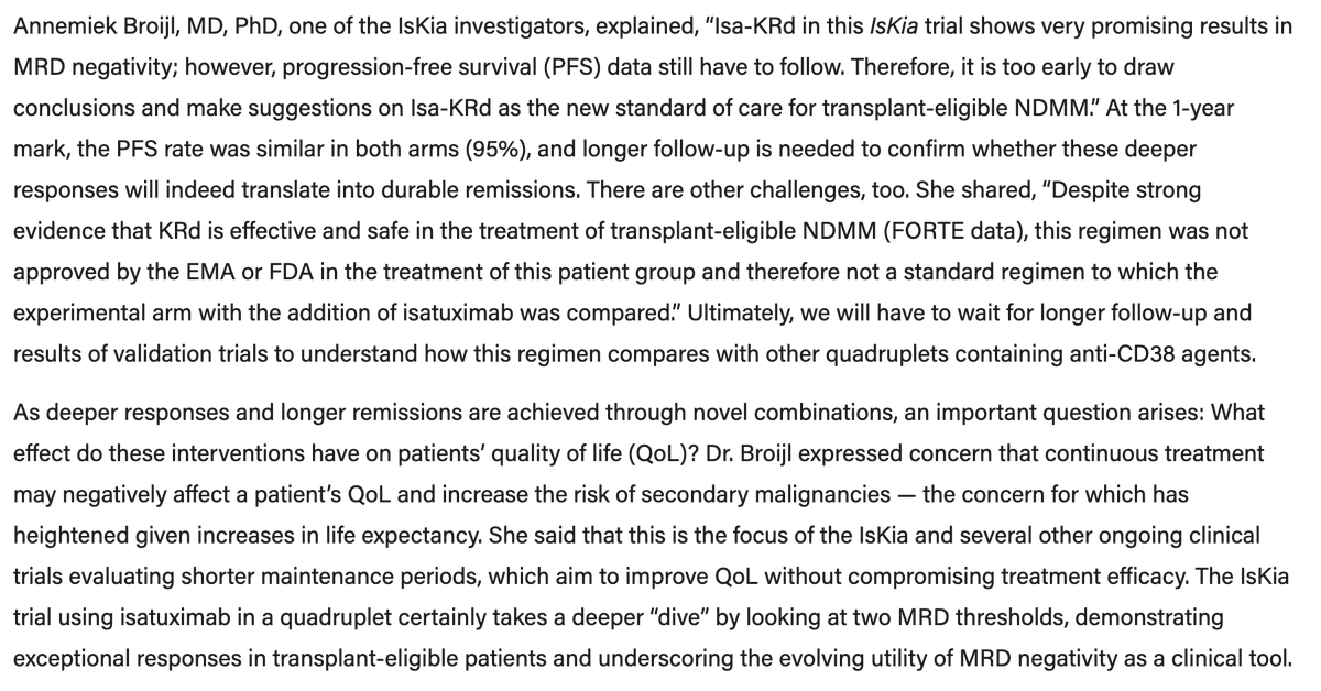 Great #ASH23 News Daily read by @nadineabdal @JoselleCookMD about IsKia trial in #MMsm: Nice and balanced take! 👍🏻 Yes please to longer follow-up 👎🏻 Eww to fact that KRd with once-weekly K not truly an approved regimen yet... Times are a-changin'! ashpublications.org/ashnewsdaily/n…