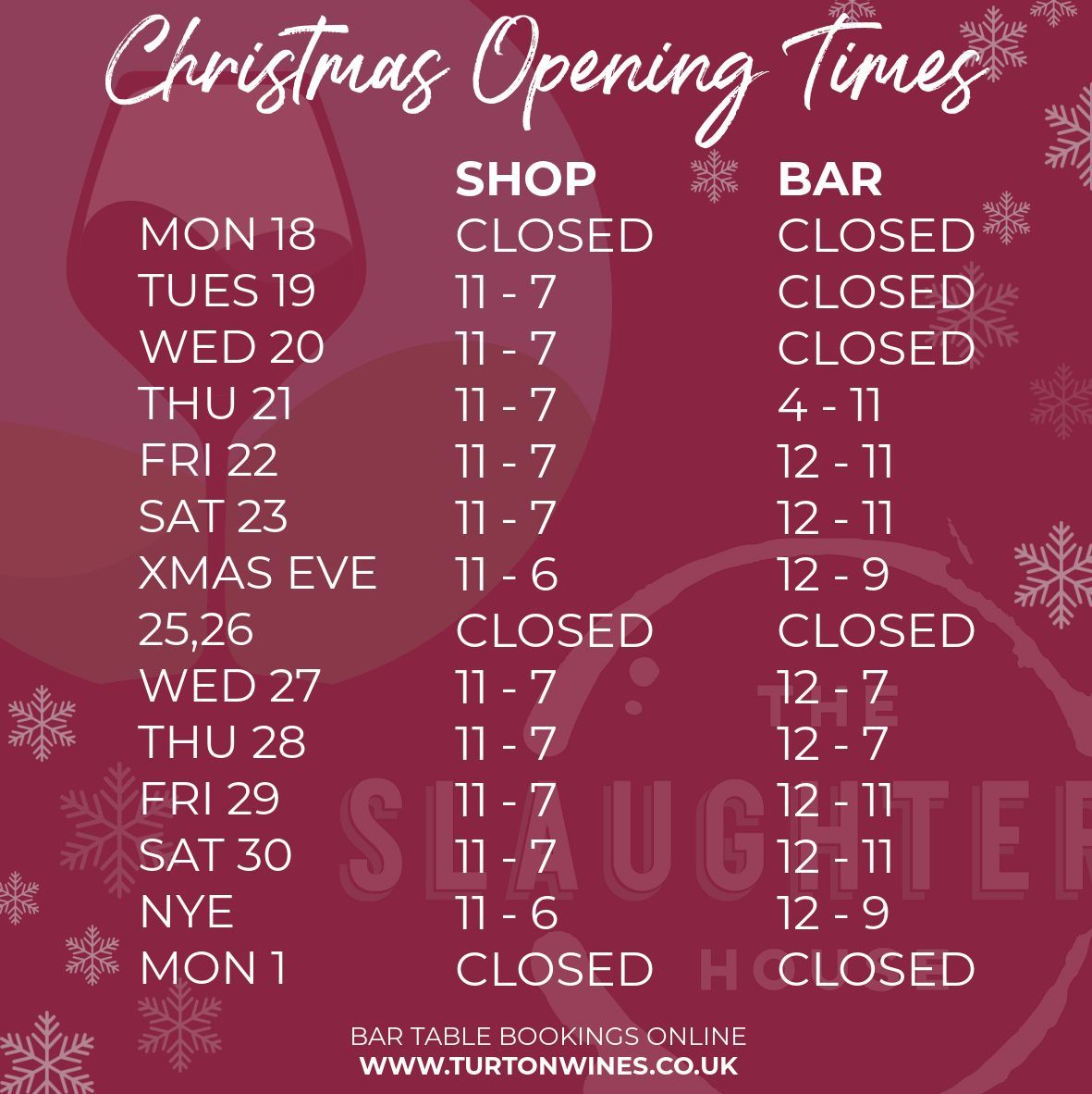 CHRISTMAS OPENING TIMES 🎄🍷
We are a small team here at The Slaughtered House &amp; Turton Wines, so please be kind &amp; patient with our team during this busy time of year 🙌🏼 
Table bookings for the bar are available via our website &gt;&gt; bit.ly/3fqBu8T 🧀