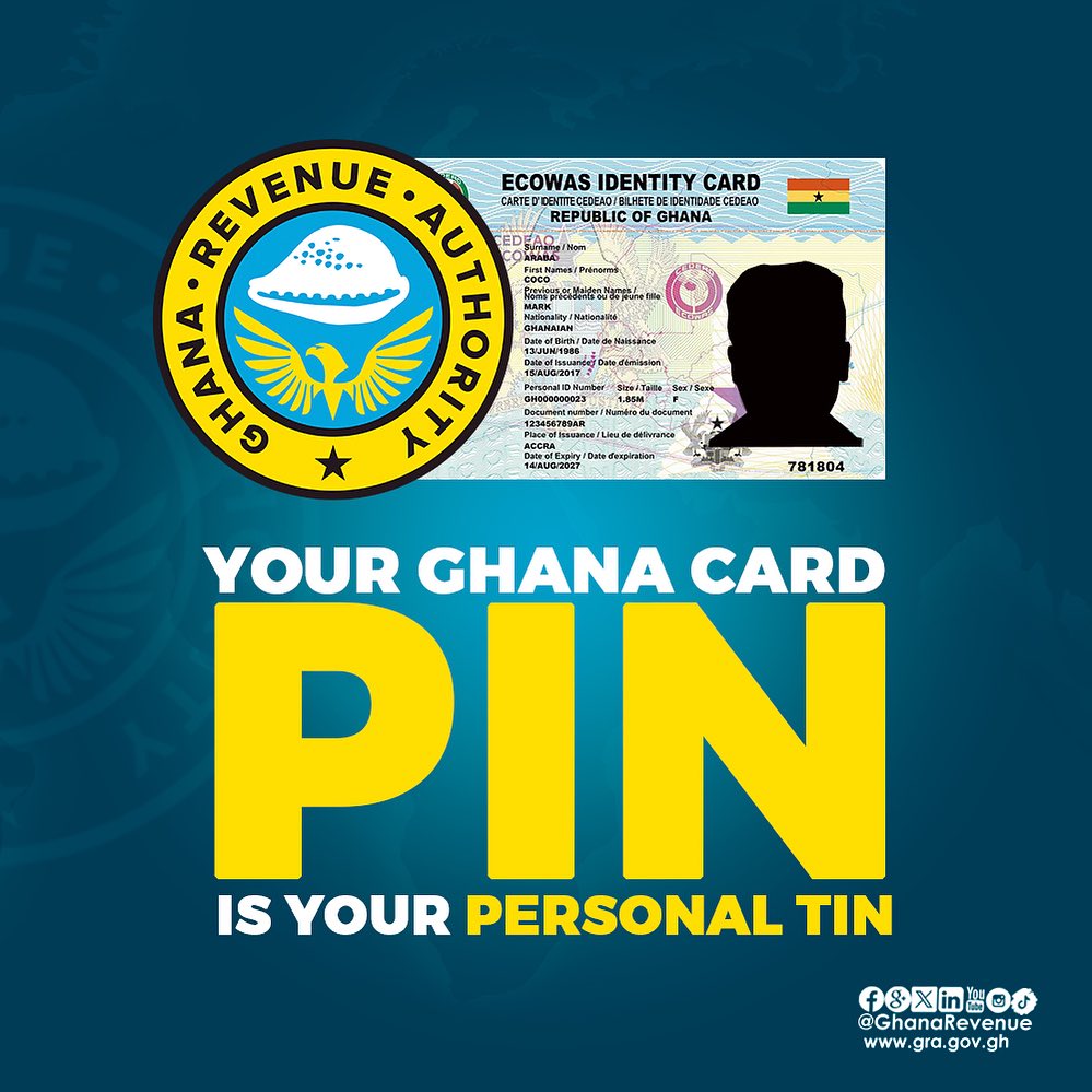 GhanaRevenue's tweet image. Your Ghana Card Pin is Your Personal Tin.
#ghanarevenueauthority 
#ghanacard #tin