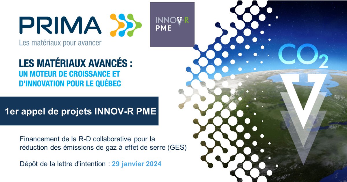 APPEL DE PROJETS INNOV-R PME

<a href="/PRIMAQUEBEC/">PRIMA Québec</a> en collaboration avec les autres <a href="/RSRI_Quebec/">RSRI</a> lance le 1er #appeldeprojets INNOV-R PME.

📅 Date limite pour le dépôt de la lettre d'intention : 29/01/2024

prima.ca/programmes-de-…

#gazàeffetdeserre #GES #innovation #collaboration