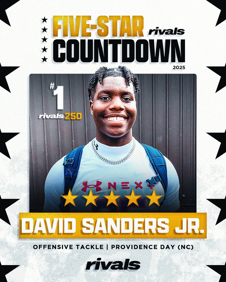 Rivals (@rivals) on Twitter photo <a href="/adamgorney/">Adam Gorney</a> <a href="/RivalsFriedman/">Adam Friedman</a> <a href="/JohnGarcia_Jr/">John Garcia, Jr.</a> <a href="/GregSmithRivals/">Greg Smith</a> <a href="/Devin2416/">Devin Sanchez</a> <a href="/thereal_kori2x/">𝓓𝓪𝓴𝓸𝓻𝓲𝓮𝓷 𝓜𝓸𝓸𝓻𝓮🃏</a> <a href="/LSURivals/">LSU Tigers on Rivals</a> <a href="/ElijahGriffin95/">Elijah Griffin</a> <a href="/BryceUnderwoo16/">Bryce Jay Underwood</a> 🚨2025 5🌟COUNTDOWN🚨
Our No. 1 overall player in the 2025 class is North Carolina OL David Sanders Jr. (<a href="/DavidLSandersJr/">David Sanders Jr.</a>)
“Sanders moved to No. 1 for a simple reason - he’s the best player in the 2025 class - but for so many other reasons as well and while it’s rare but not <a href="/adamgorney/">Adam Gorney</a> <a href="/RivalsFriedman/">Adam Friedman</a> <a href="/JohnGarcia_Jr/">John Garcia, Jr.</a> <a href="/GregSmithRivals/">Greg Smith</a> <a href="/Devin2416/">Devin Sanchez</a> <a href="/thereal_kori2x/">𝓓𝓪𝓴𝓸𝓻𝓲𝓮𝓷 𝓜𝓸𝓸𝓻𝓮🃏</a> <a href="/LSURivals/">LSU Tigers on Rivals</a> <a href="/ElijahGriffin95/">Elijah Griffin</a> <a href="/BryceUnderwoo16/">Bryce Jay Underwood</a> 🚨2025 5🌟COUNTDOWN🚨
Our No. 1 overall player in the 2025 class is North Carolina OL David Sanders Jr. (<a href="/DavidLSandersJr/">David Sanders Jr.</a>)
“Sanders moved to No. 1 for a simple reason - he’s the best player in the 2025 class - but for so many other reasons as well and while it’s rare but not