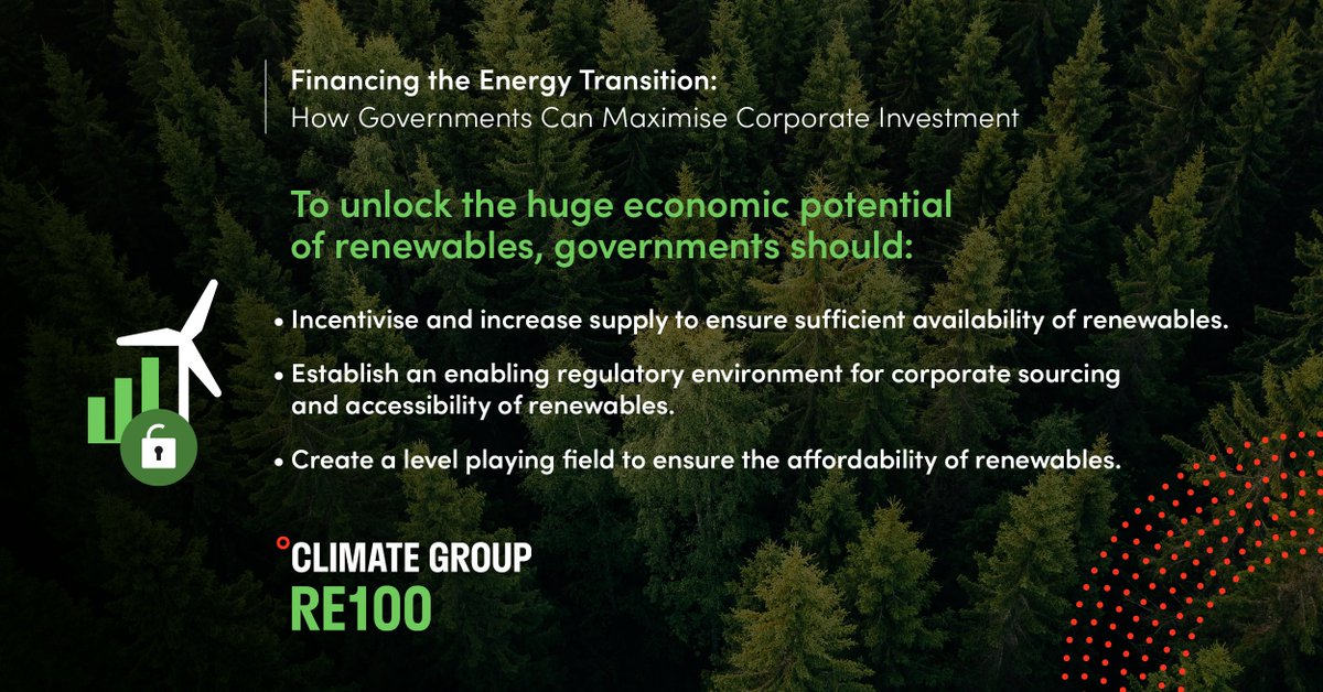 To unlock corporate investment in renewables, governments must improve: 🤝 The availability of renewable electricity in a country or region. 🏢The accessibility of this electricity for corporate use. 💵The affordability of renewable electricity. More here: there100.org/financing-the-…