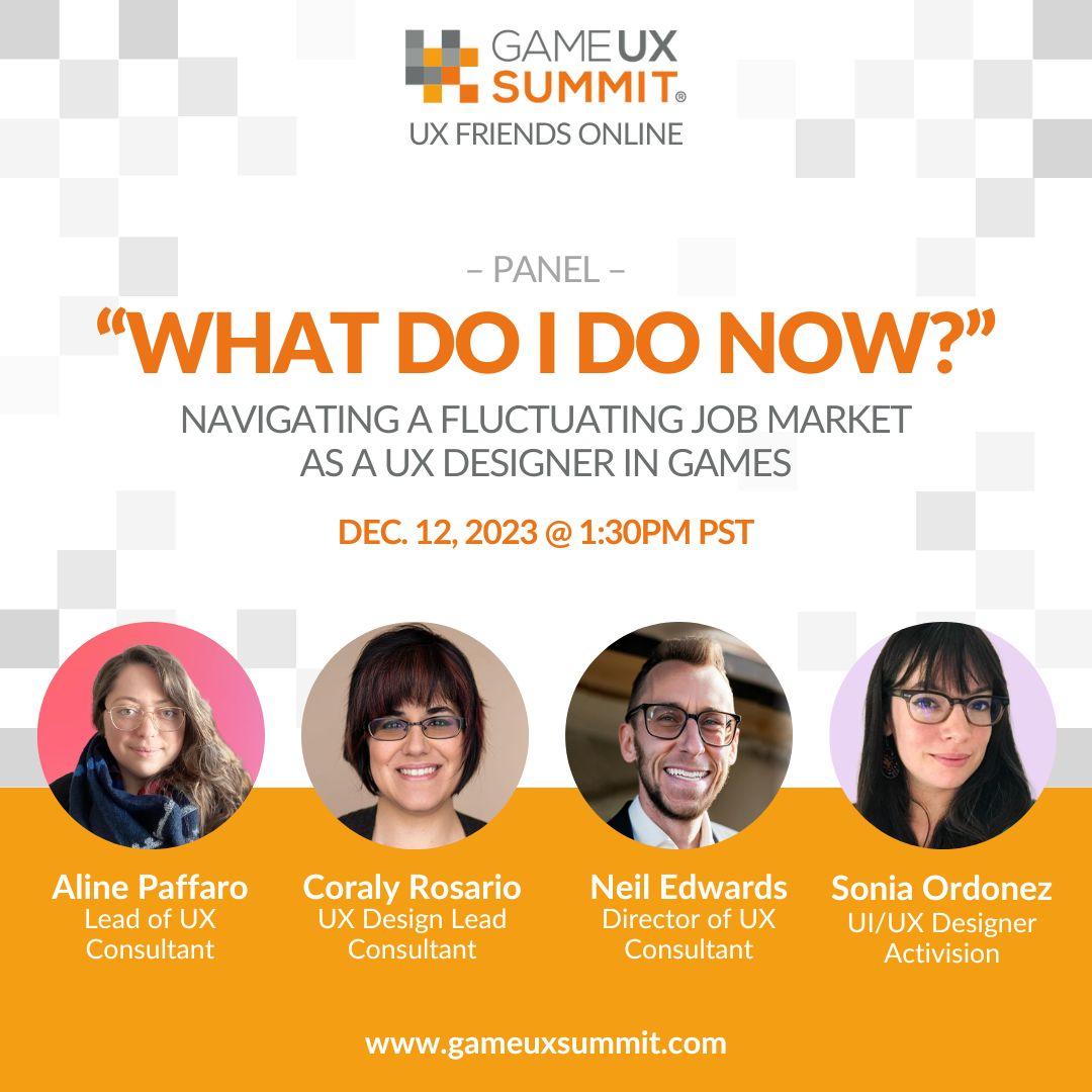 Dec 12 @ 1:30pm PST!

Aline, Neil, Sonia, &amp; I will cover how layoffs have shifted UX roles in the games industry, skillset trends you can expect for 2024, &amp; a candid perspective on alternate career paths or options if you can't find fulltime work.

#GUXS #gamedev #layoffs