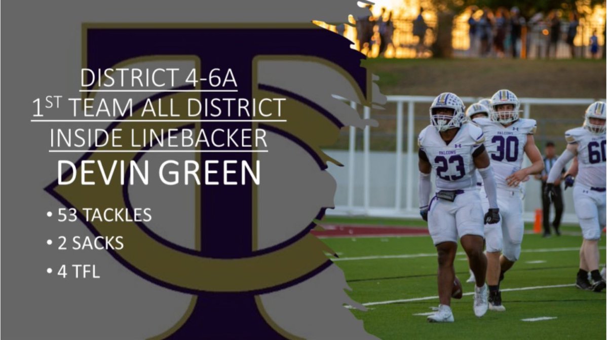 Congrats to <a href="/23DevinGreen/">Devin Green</a> for being named 1st Team Inside LB in District 4-6A for the 2023 football season. His best football is coming! #FalconPride <a href="/TCHSFootball/">TCHS Falcon Football</a> <a href="/KISDAthletics/">Keller ISD Athletics</a>