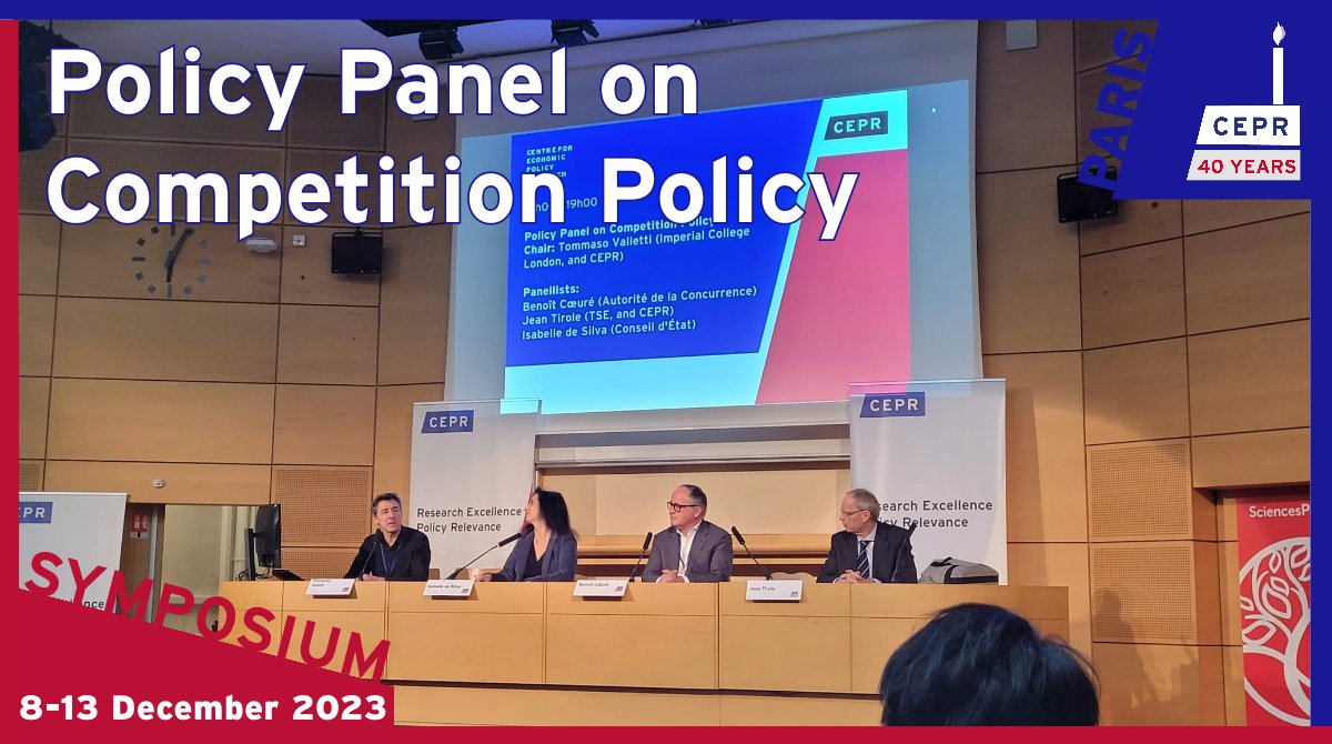 Our final session of the day is a high-level Policy Panel on #CompetitionPolicy
Panellists: @BCoeure (@Adlc_), @JeanTirole (@TSEinfo & CEPR), @IsabelleDeSilva (@Conseil_Etat)
Chair: @TomValletti (@imperialBiz & CEPR)
#CEPRParisSymposium2023 hosted by @sciencespo