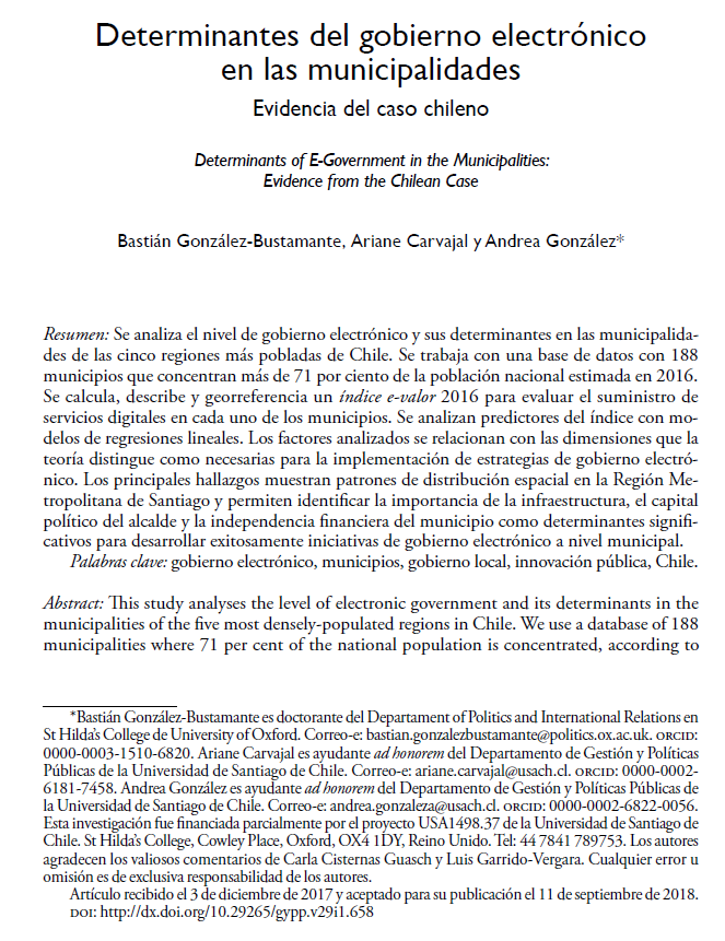 🥳📚 ¡Celebramos que el paper de <a href="/bastiangb/">Bastián González-Bustamante</a> en <a href="/GyPP_CIDE/">Gestión y Política Pública CIDE</a> sobre gobierno electrónico en municipalidades chilenas ha alcanzado 100 citas! 🌐🏛️ Descubre los determinantes clave para el éxito de iniciativas de gobierno electrónico a nivel municipal en Chile gestionypoliticapublica.cide.edu/ojscide/index.…