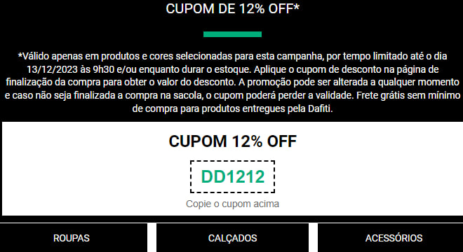 PROMOÇÕES IMPERDÍVEIS  🤑🛍 on X: PROMOÇÃO IMPERDÍVEL 🤩 PRODUTOS COM ATÉ  80% DE DESCONTO + CUPOM DE 12% NA DAFITI! 🎟 USAR CUPOM: DD1212 Lista  Geral:  Masculino:  Feminino