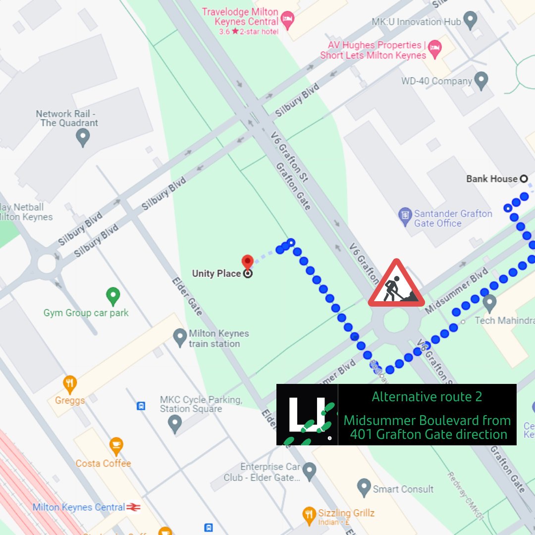 The underpass crossing V6 Grafton Street near the old Santander Grafton Gate Office is temporarily closed for 4-6 weeks from 4 Dec due to roadwork. Safe alternative routes for pedestrians are available from Silbury Boulevard or Midsummer Boulevard from 401 Grafton Gate direction