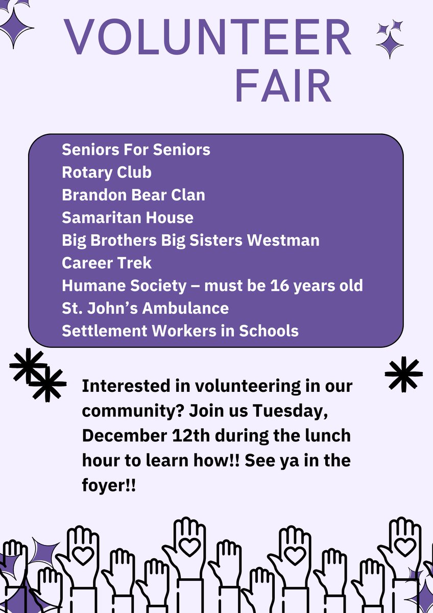 Attn students!!! Interested in volunteering in our community but not sure how to get started? Join us tomorrow during the lunch hour in the foyer for our FIRST EVER Volunteer Fair. #volunteers #supportourcommunity