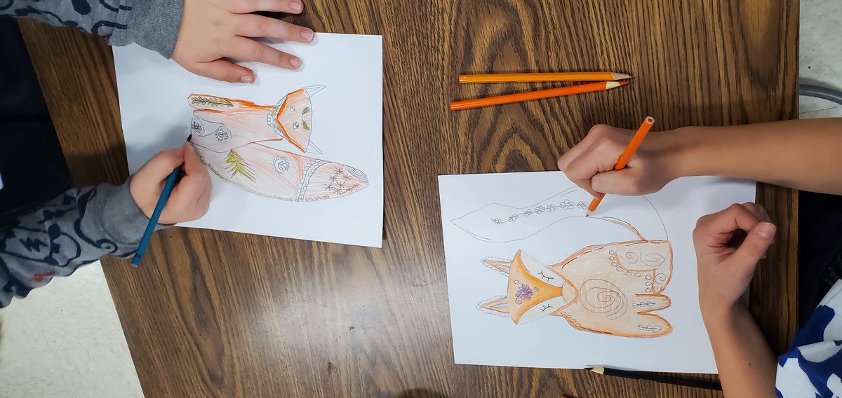 4th graders were introduced to Scandinavian Folk Art.  We have started working on a folk art inspired fox.  I think everyone is doing a wonderful job so far!  I am excited to see them finished.