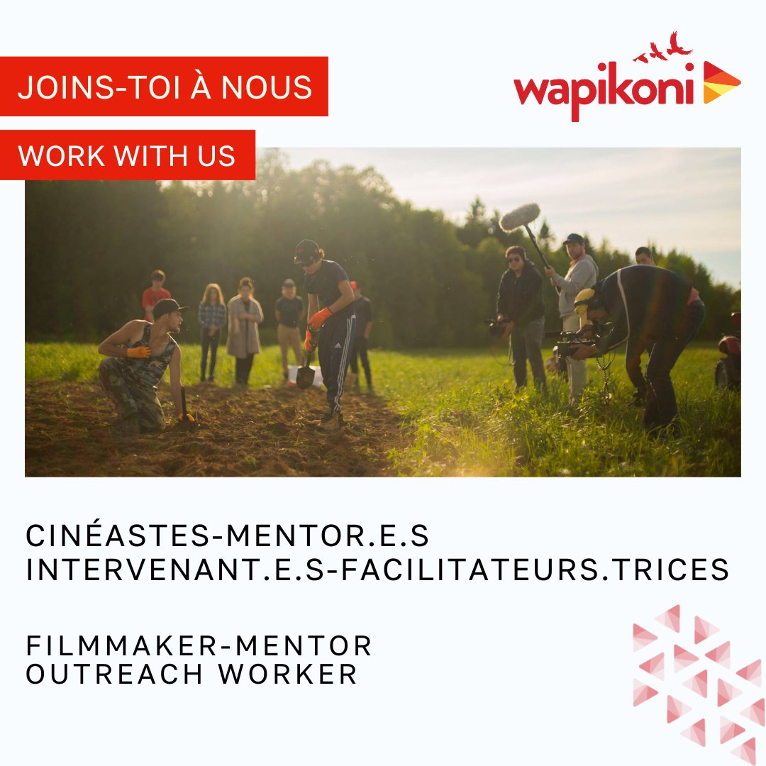 Offres d'emplois : cinéastes-mentor.e.s et d'intervenant.e.s-facilitateurs.trices pour accompagner nos participant.e.s.

Employment offer : filmmaker-mentors and outreach worker to support participants.
evenementswapikoni.ca/offres-d-emploi