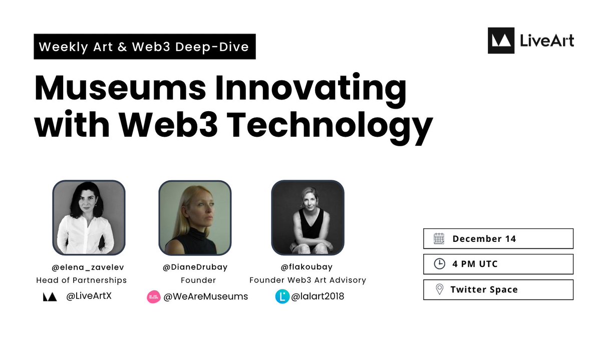 LiveArt (@liveartx) on Twitter photo Join us this Thursday at 11 AM EST as we delve into Museums Innovating with #Web3 Technology, featuring guests like <a href="/Elena_Zavelev/">Elena Zavelev</a>, <a href="/flakoubay/">Fanny Lakoubay</a> from <a href="/lalart2018/">LAL ART Advisory | lalart.eth</a>, <a href="/DianeDrubay/">Diane Drubay</a> from <a href="/WeAreMuseums/">We Are Museums</a>, and more.
Participate for a chance to win the X Card!
✅ Follow <a href="/LiveArtX/">LiveArt</a>
✅ Join us this Thursday at 11 AM EST as we delve into Museums Innovating with #Web3 Technology, featuring guests like <a href="/Elena_Zavelev/">Elena Zavelev</a>, <a href="/flakoubay/">Fanny Lakoubay</a> from <a href="/lalart2018/">LAL ART Advisory | lalart.eth</a>, <a href="/DianeDrubay/">Diane Drubay</a> from <a href="/WeAreMuseums/">We Are Museums</a>, and more.
Participate for a chance to win the X Card!
✅ Follow <a href="/LiveArtX/">LiveArt</a>
✅
