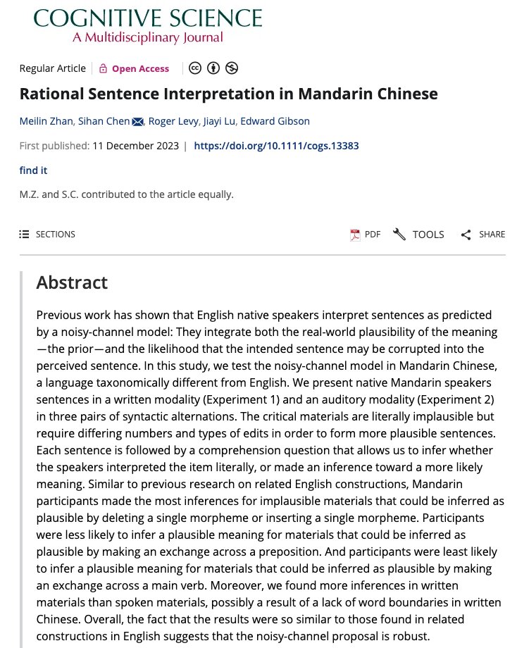 How do Mandarin speakers interpret implausible sentences? In our new paper in Cognitive Science (w/ @zhanmeilin @roger_p_levy Jiayi Lu @LanguageMIT), we model Mandarin speakers’ interpretation using a noisy-channel framework. Paper link: onlinelibrary.wiley.com/doi/10.1111/co…. A thread 1/10