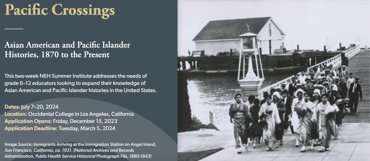 If you teach 6th-12th grade social studies/history, check out our @NEHgov-funded summer institute on #AAPI History in Los Angeles next July 2024 with @Gilder_Lehrman!

Applications open this Fri & are due *March 5th* tinyurl.com/4kacxjd4

#TeachAAPIhistory #sschat @HistoryFrog