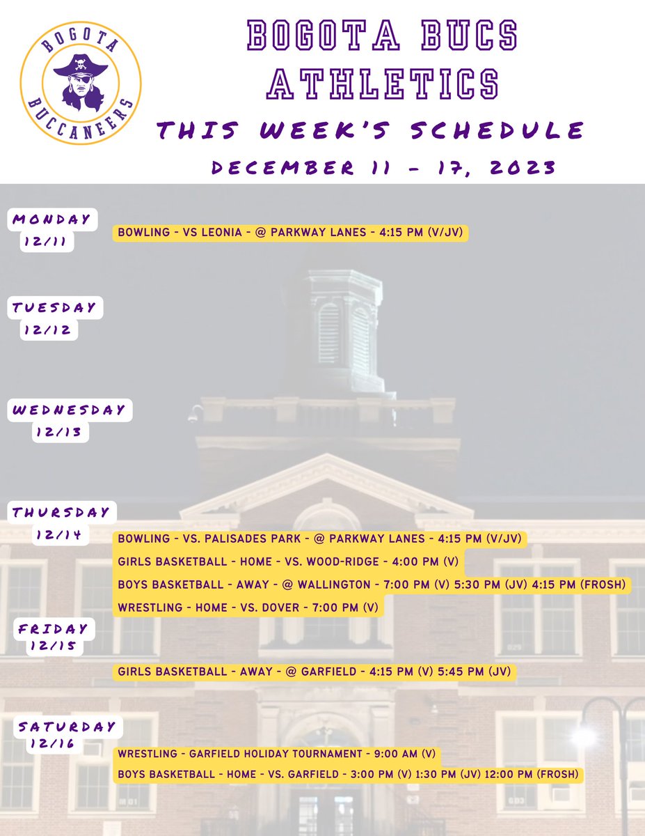 Bogota Bucs (@bogotaathletics) on Twitter photo Here is a look at this week’s schedule of athletic events. Best of luck to all of our student-athletes and coaches! Go Bucs! <a href="/BogotaPublic/">Bogota Public Schools</a> <a href="/BogotaHigh/">Bogota Jr./Sr. High School</a> <a href="/bogotablognj/">Bogota Blog NJ</a> Here is a look at this week’s schedule of athletic events. Best of luck to all of our student-athletes and coaches! Go Bucs! <a href="/BogotaPublic/">Bogota Public Schools</a> <a href="/BogotaHigh/">Bogota Jr./Sr. High School</a> <a href="/bogotablognj/">Bogota Blog NJ</a>