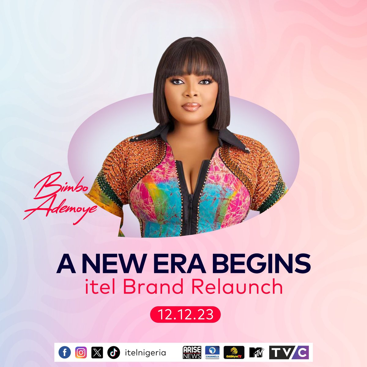 Set your alarms and get your outfit sorted because Bimbo Ademoye is coming to the new era! You don't want to be anywhere else on 12.12.2023. #TheNewitel #itelBrandRelaunch